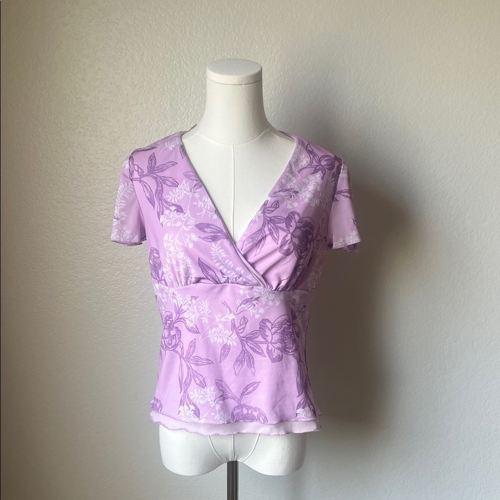 Lavender Floral Wrap-Front Short Sleeve Top